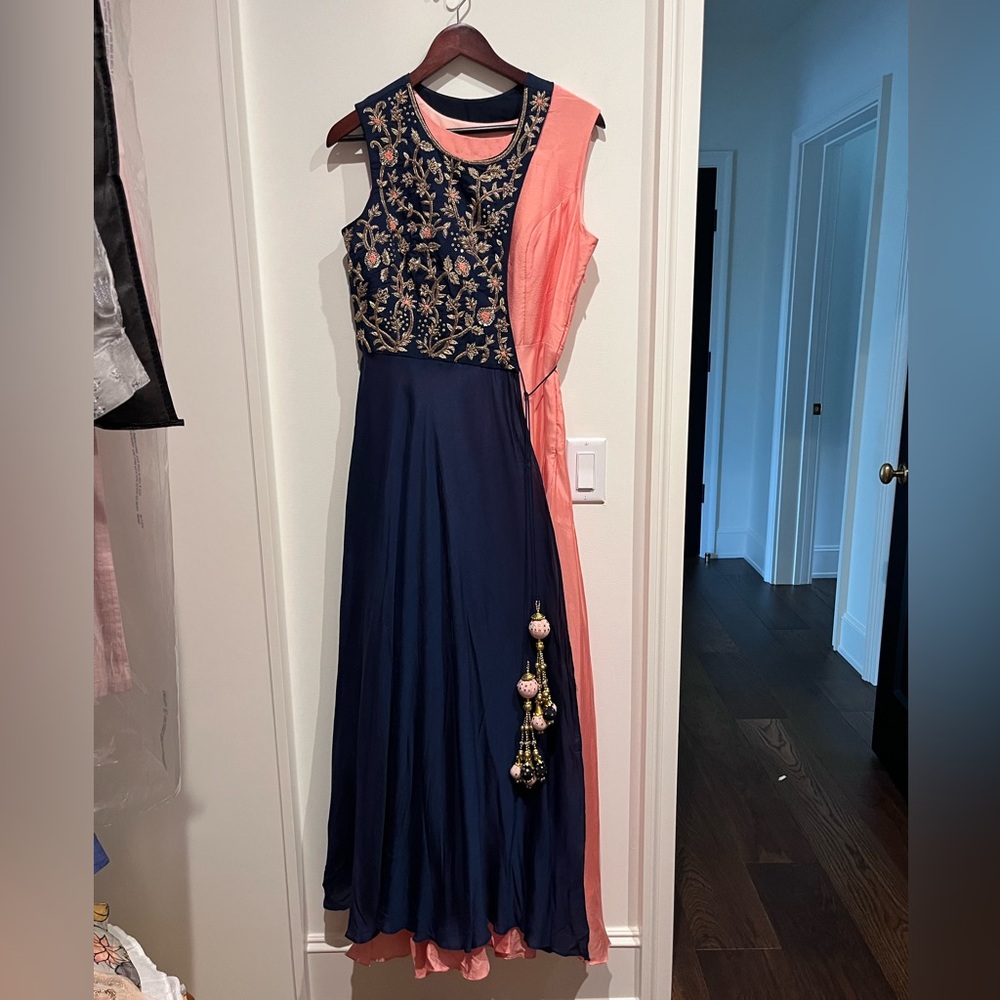 Pink and Blue Anarkalli -Navy and Coral Embroidered Dress